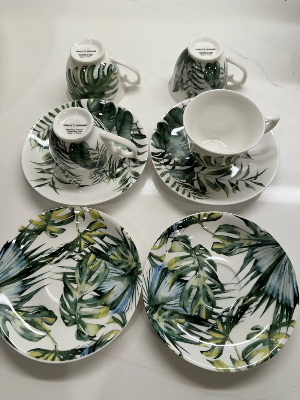Tropical Leaf Porcelain Espresso Cup and Saucer Set of 4- Green